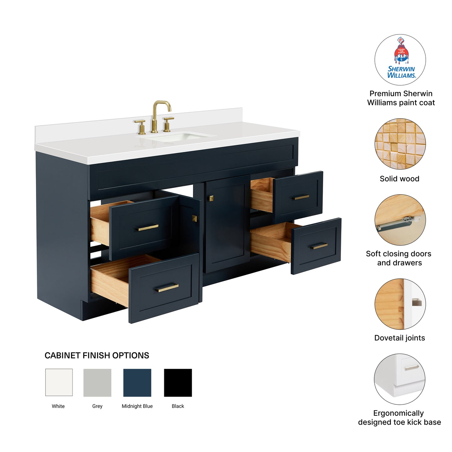 Bradford 66-Inch Midnight Blue bathroom vanity – feature highlights: solid wood frame, soft-close doors and drawers, Sherwin-Williams paint finish
