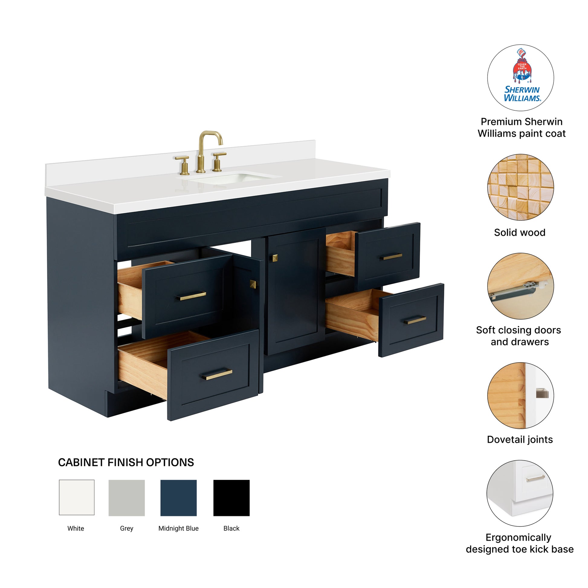 Bradford 66-Inch Midnight Blue bathroom vanity – feature highlights: solid wood frame, soft-close doors and drawers, Sherwin-Williams paint finish