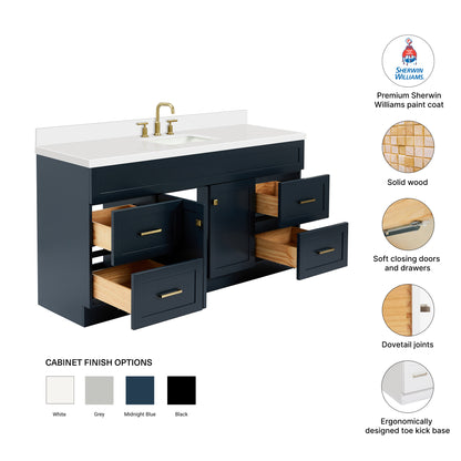 Bradford 66-Inch Midnight Blue bathroom vanity – feature highlights: solid wood frame, soft-close doors and drawers, Sherwin-Williams paint finish