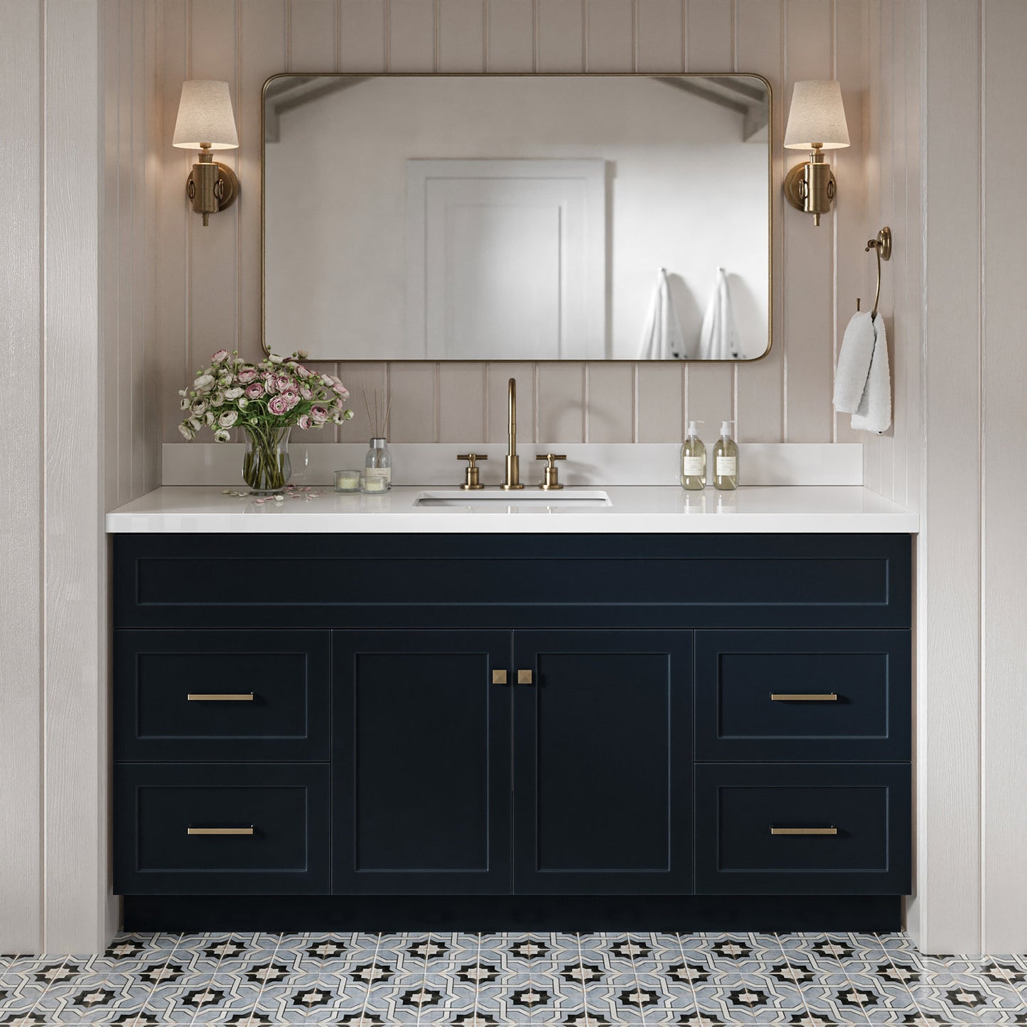 Bradford 66-Inch Midnight Blue bathroom vanity in styled bathroom setting