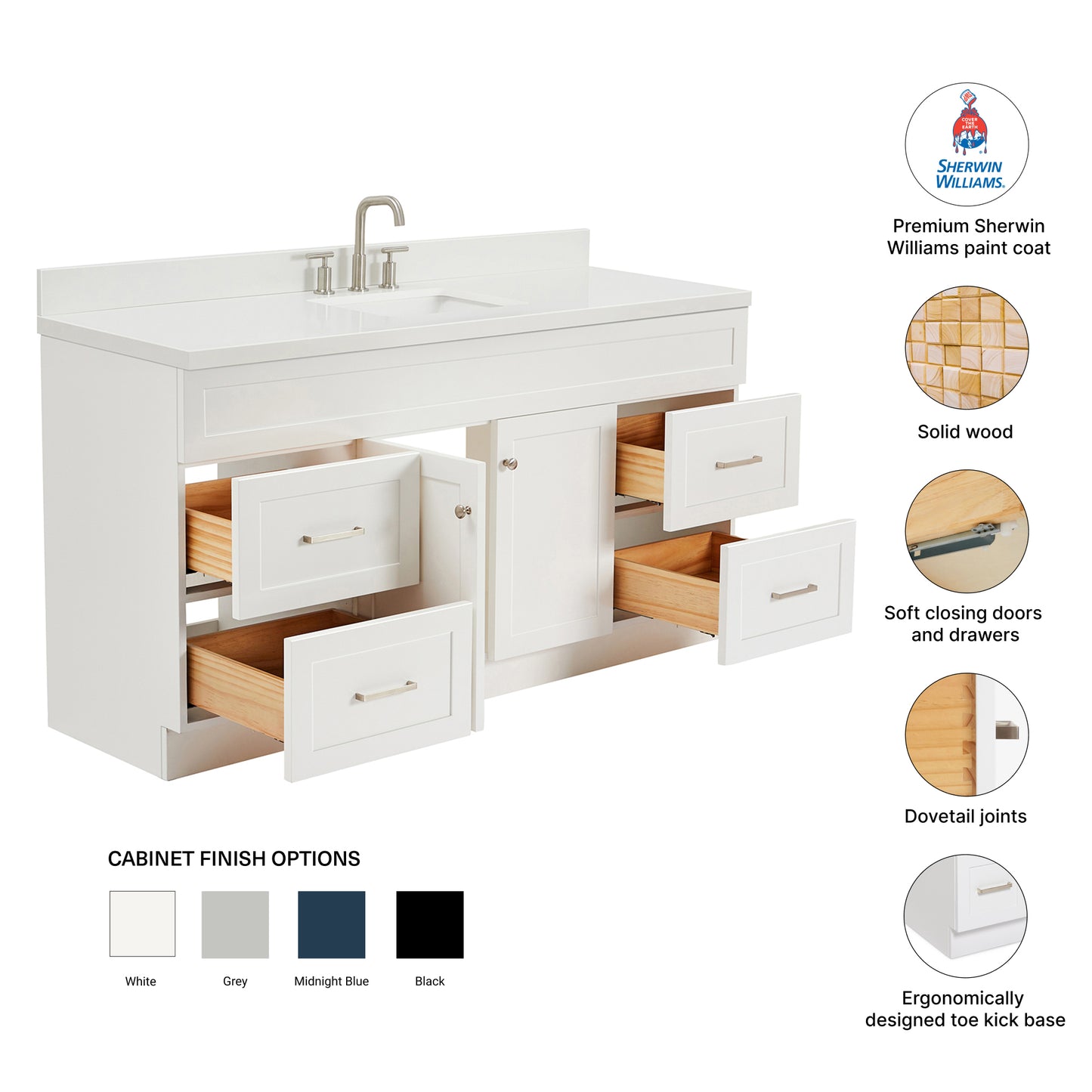Bradford 66-Inch White bathroom vanity – feature highlights: solid wood frame, soft-close doors and drawers, Sherwin-Williams paint finish