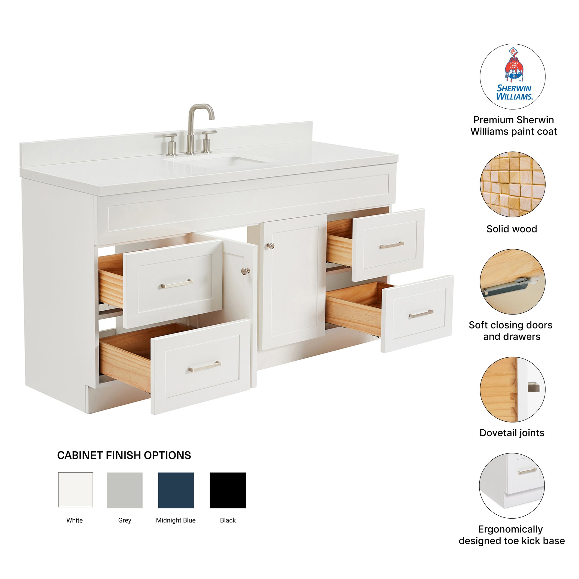 Bradford 66-Inch White bathroom vanity – feature highlights: solid wood frame, soft-close doors and drawers, Sherwin-Williams paint finish