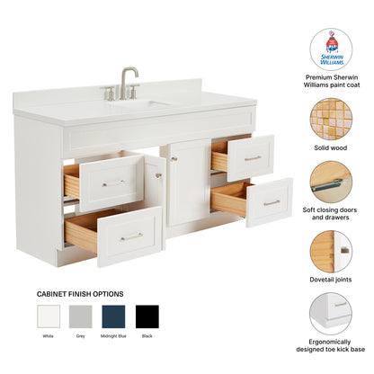 Bradford 66-Inch White bathroom vanity – feature highlights: solid wood frame, soft-close doors and drawers, Sherwin-Williams paint finish