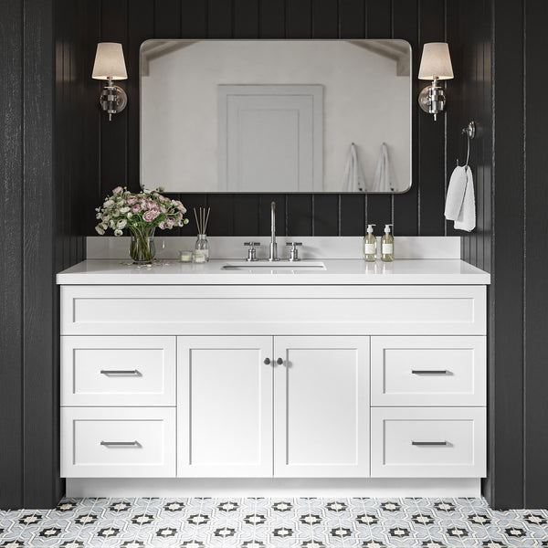 Bradford 66-Inch White bathroom vanity in styled bathroom setting