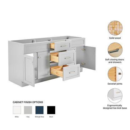 Bradford 72-inch Grey base cabinet on feature highlights: solid wood frame, soft-close doors and drawers, Sherwin-Williams paint finish