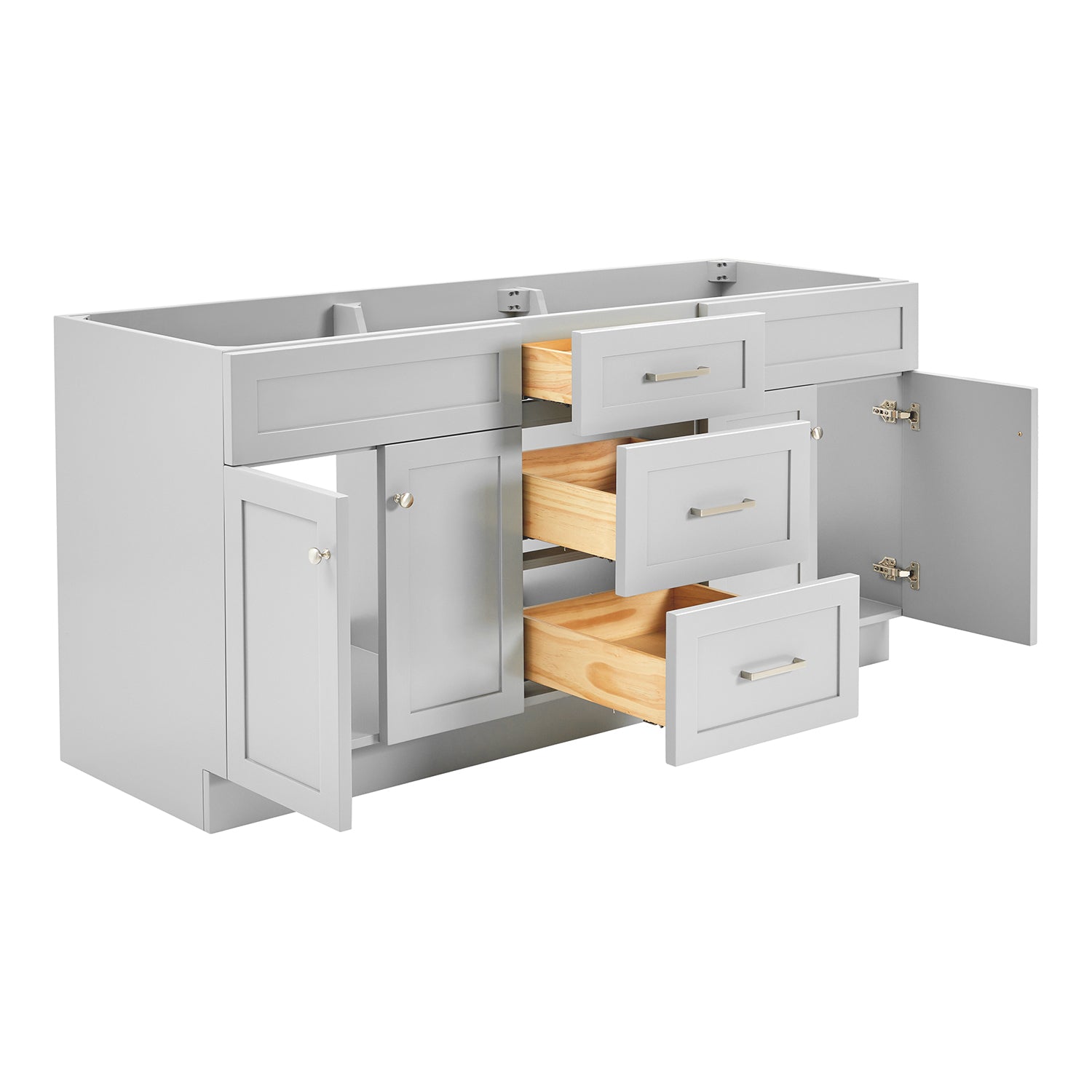 Bradford 72-inch Grey base cabinet on white back ground side view open door