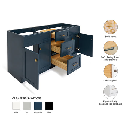 Bradford 72-inch Midnight Blue base cabinet on feature highlights: solid wood frame, soft-close doors and drawers, Sherwin-Williams paint finish
