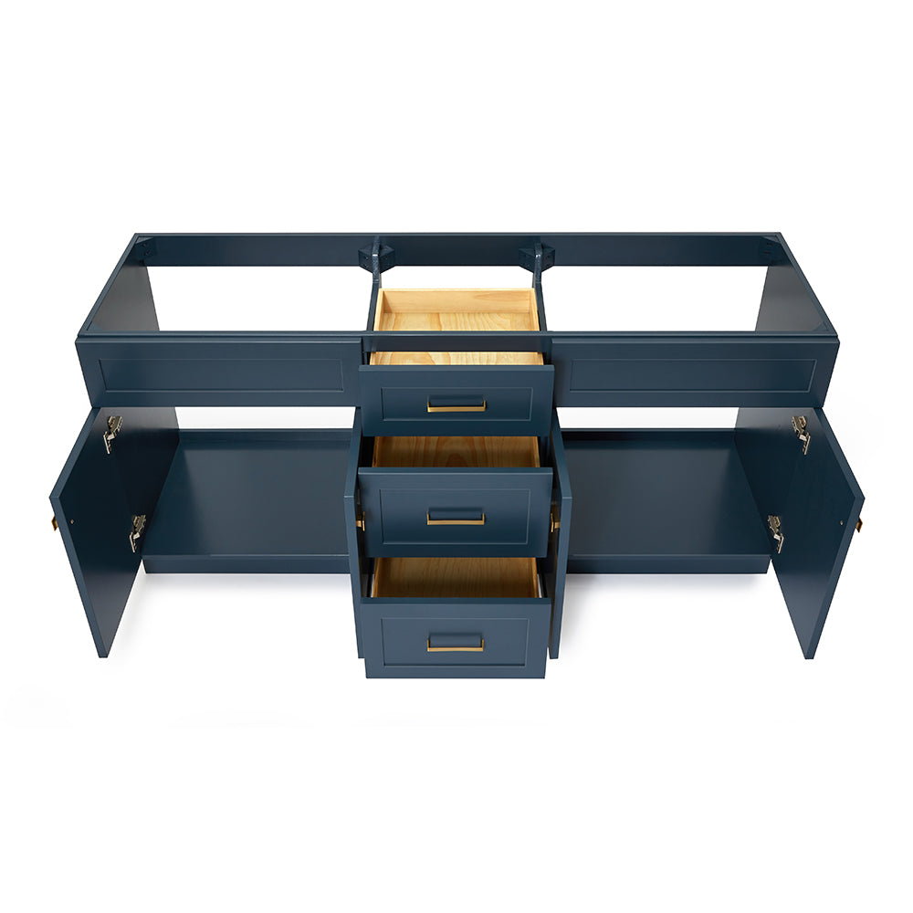 Bradford 72-inch Midnight Blue base cabinet on white back ground front view open door