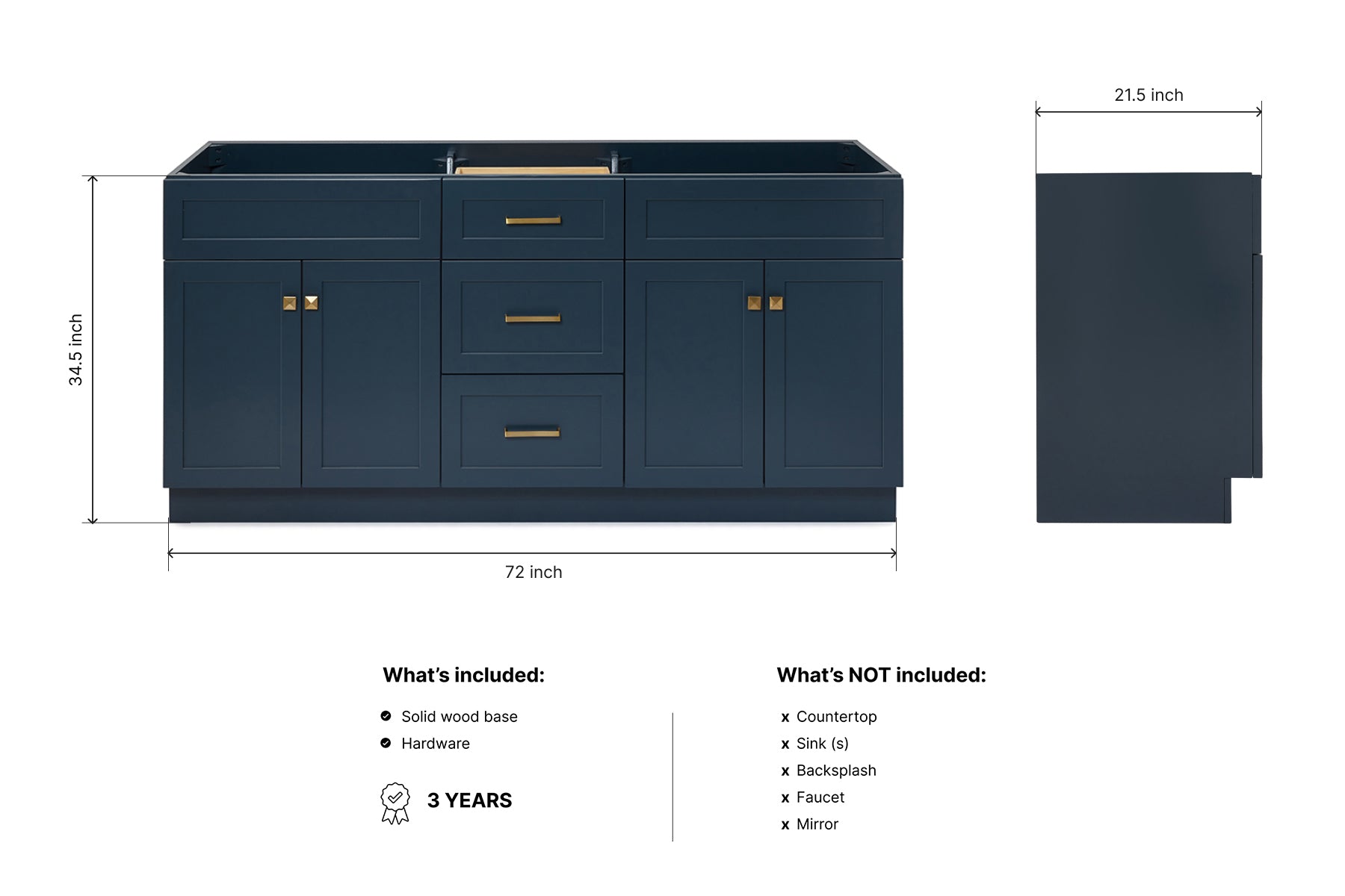 Bradford 72-inch Midnight Blue base cabinet on dimensions