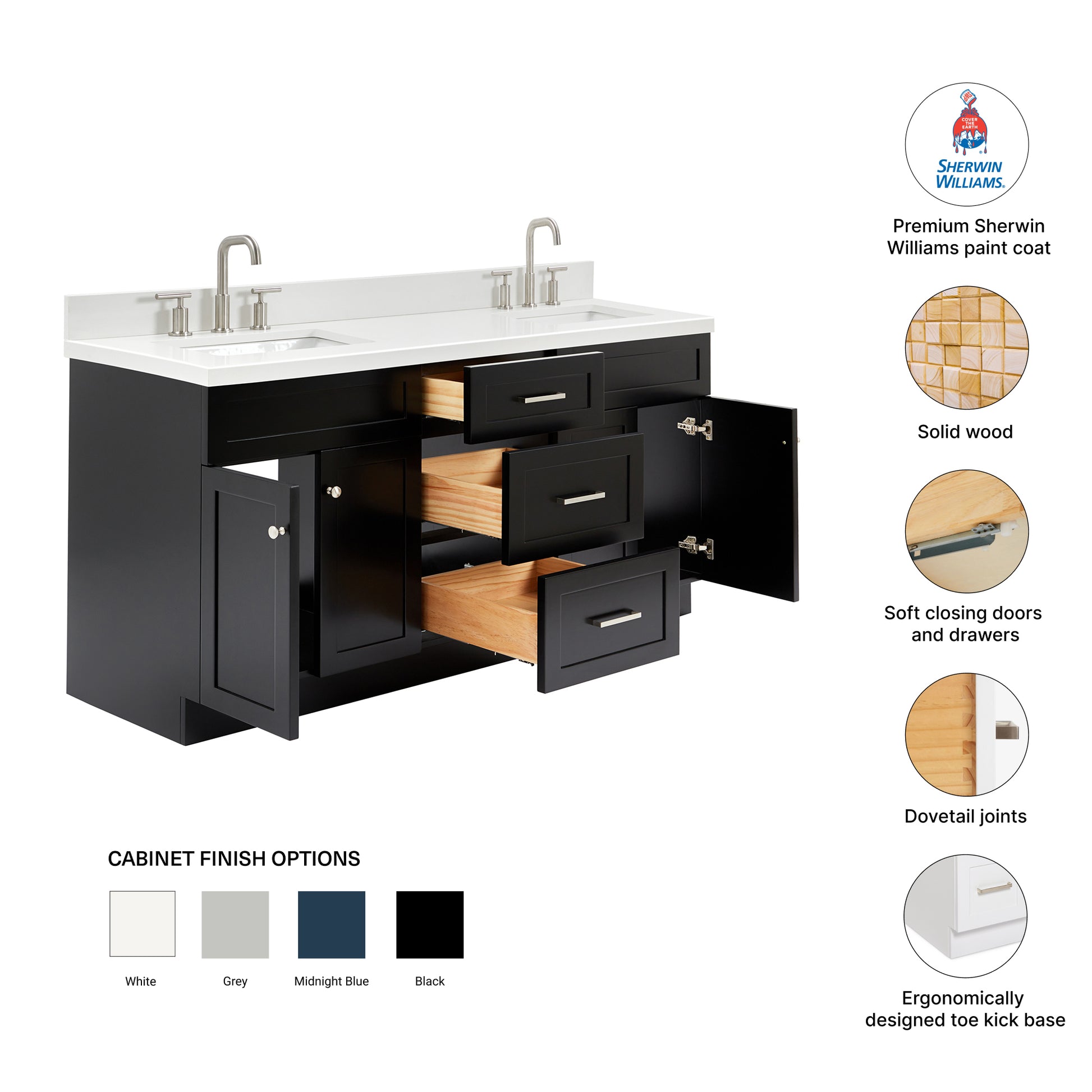 Bradford 72-Inch Black bathroom vanity – feature highlights: solid wood frame, soft-close doors and drawers, Sherwin-Williams paint finish