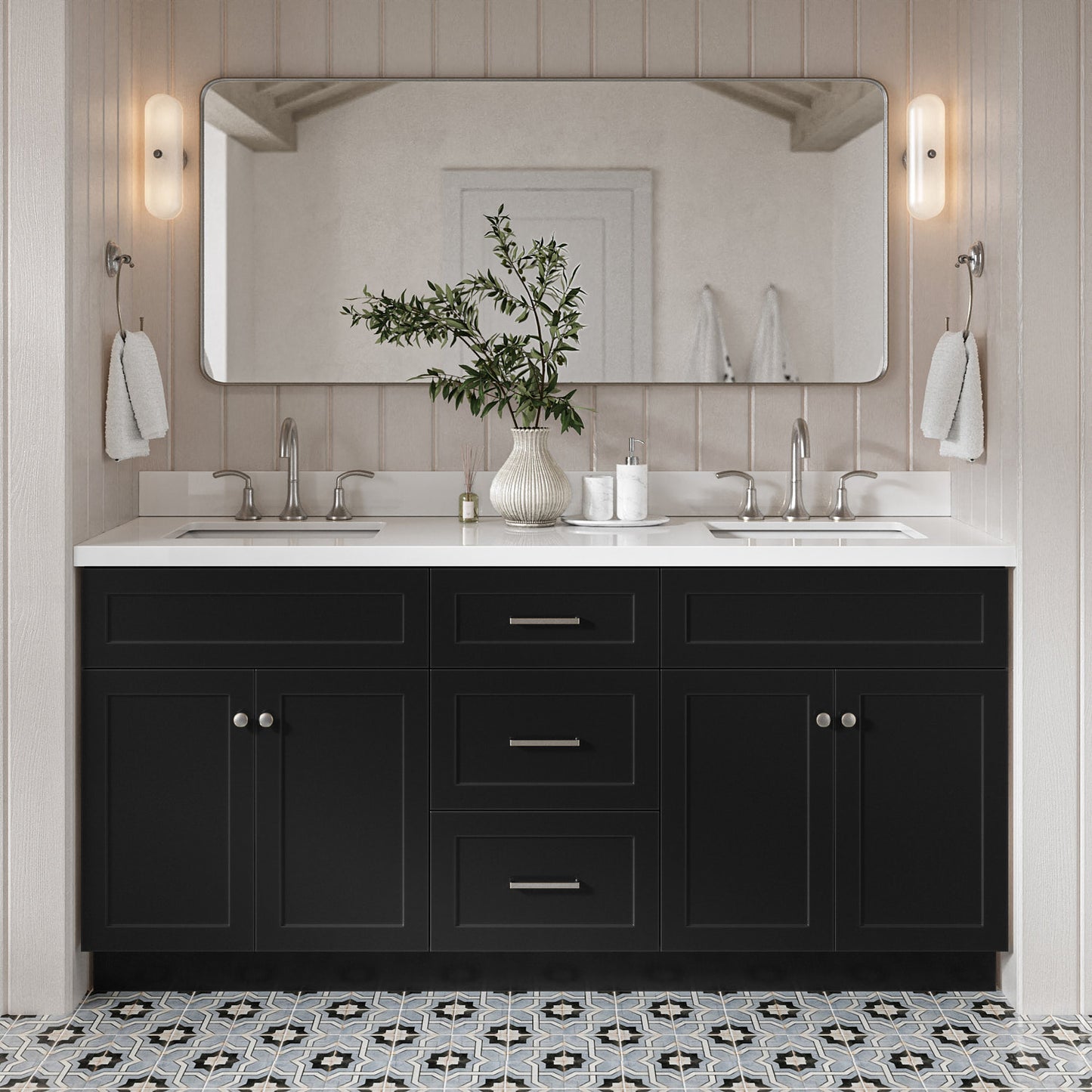 Bradford 72-Inch Black bathroom vanity in styled bathroom setting