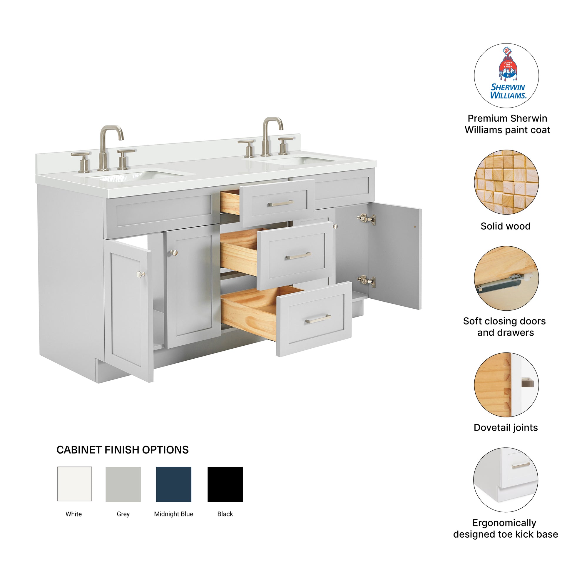 Bradford 72-Inch Grey bathroom vanity – feature highlights: solid wood frame, soft-close doors and drawers, Sherwin-Williams paint finish