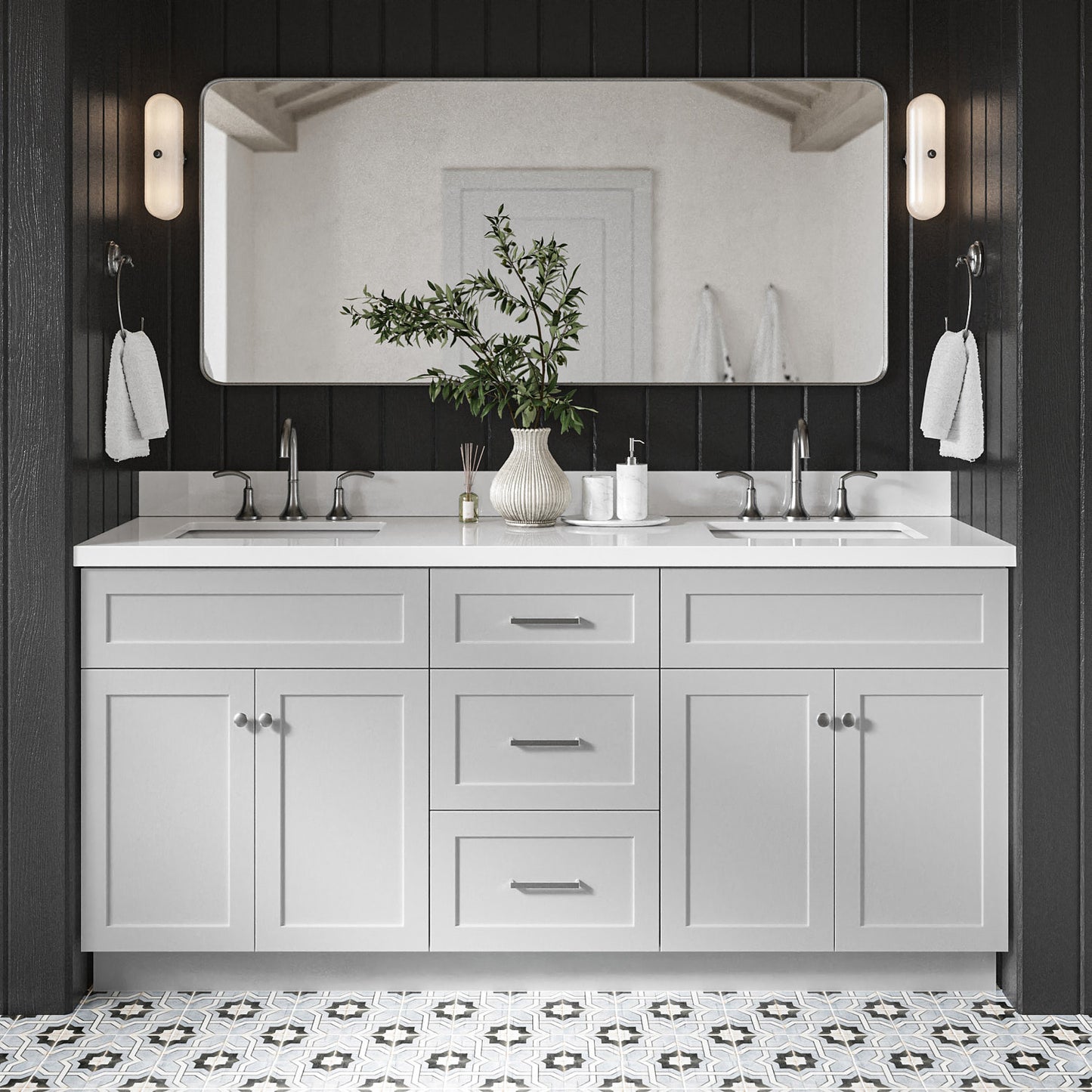 Bradford 72-Inch Grey bathroom vanity in styled bathroom setting