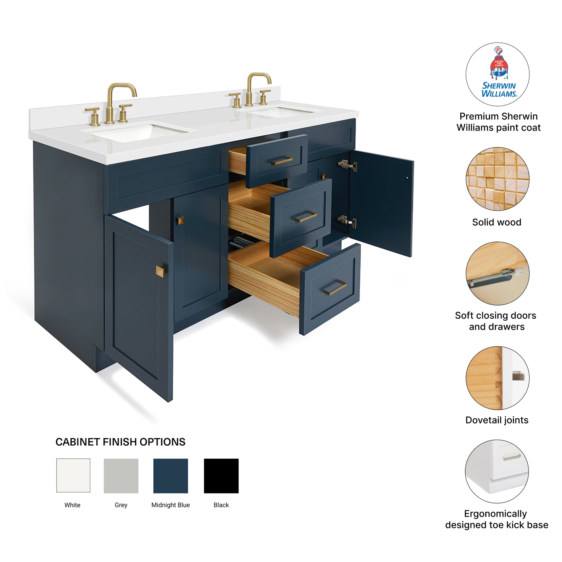 Bradford 72-Inch Midnight Blue bathroom vanity – feature highlights: solid wood frame, soft-close doors and drawers, Sherwin-Williams paint finish