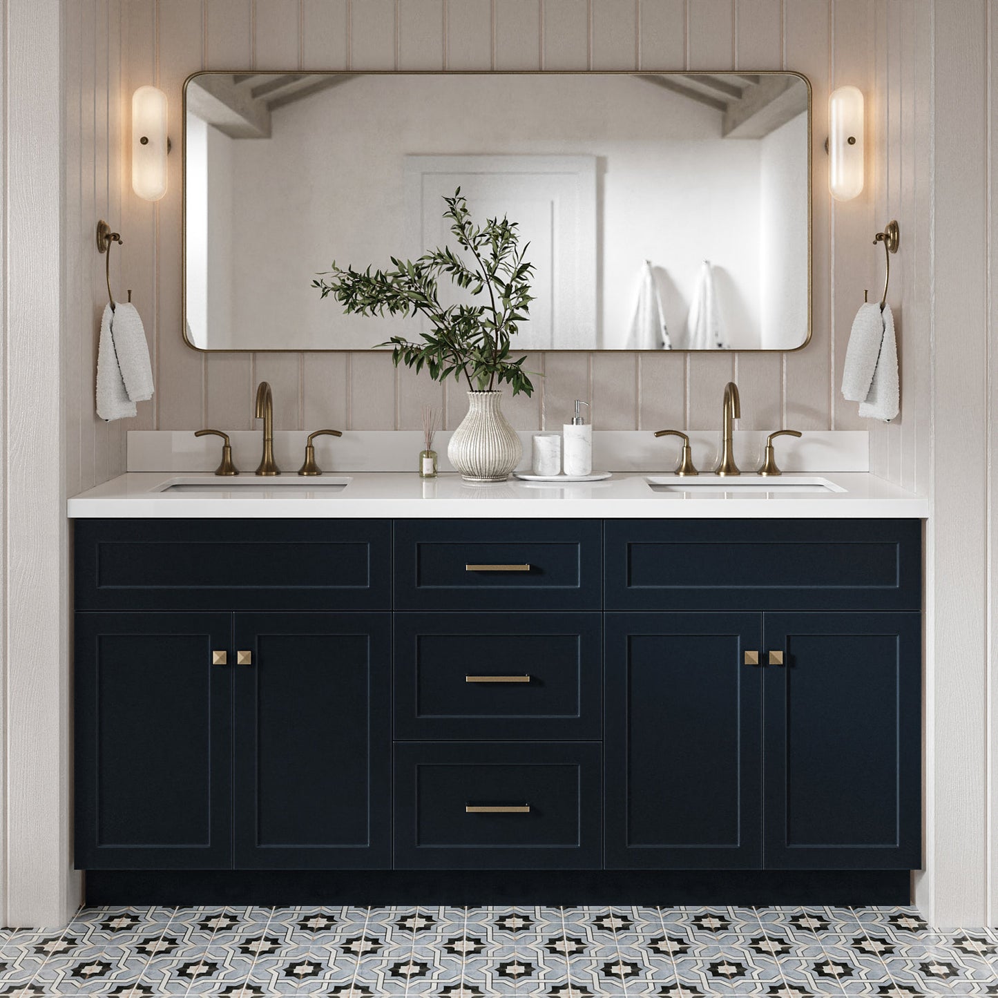 Bradford 72-Inch Midnight Blue bathroom vanity in styled bathroom setting
