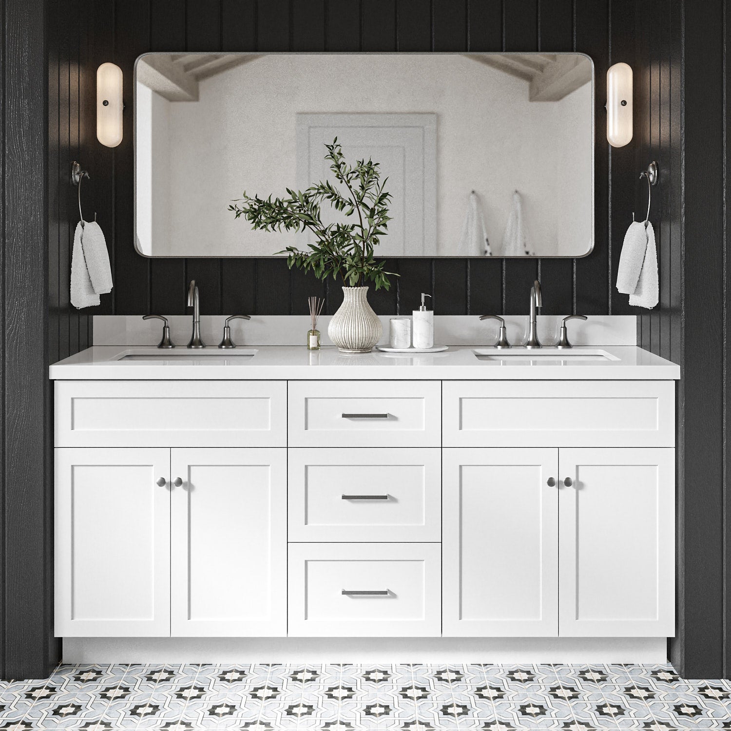 Bradford 72-Inch White bathroom vanity in styled bathroom setting