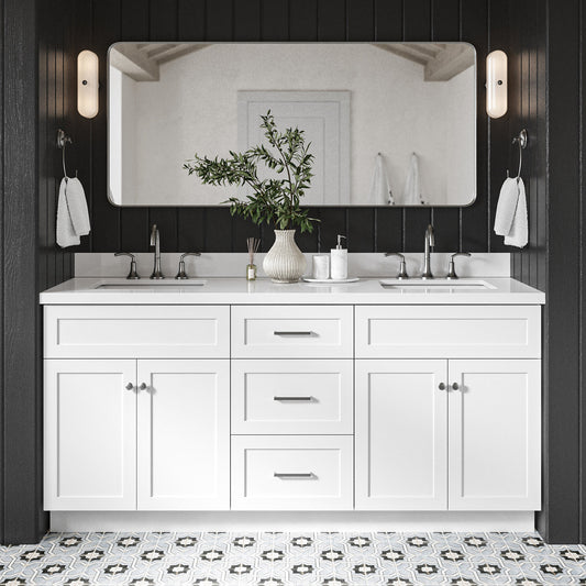 Bradford 72-Inch White bathroom vanity in styled bathroom setting