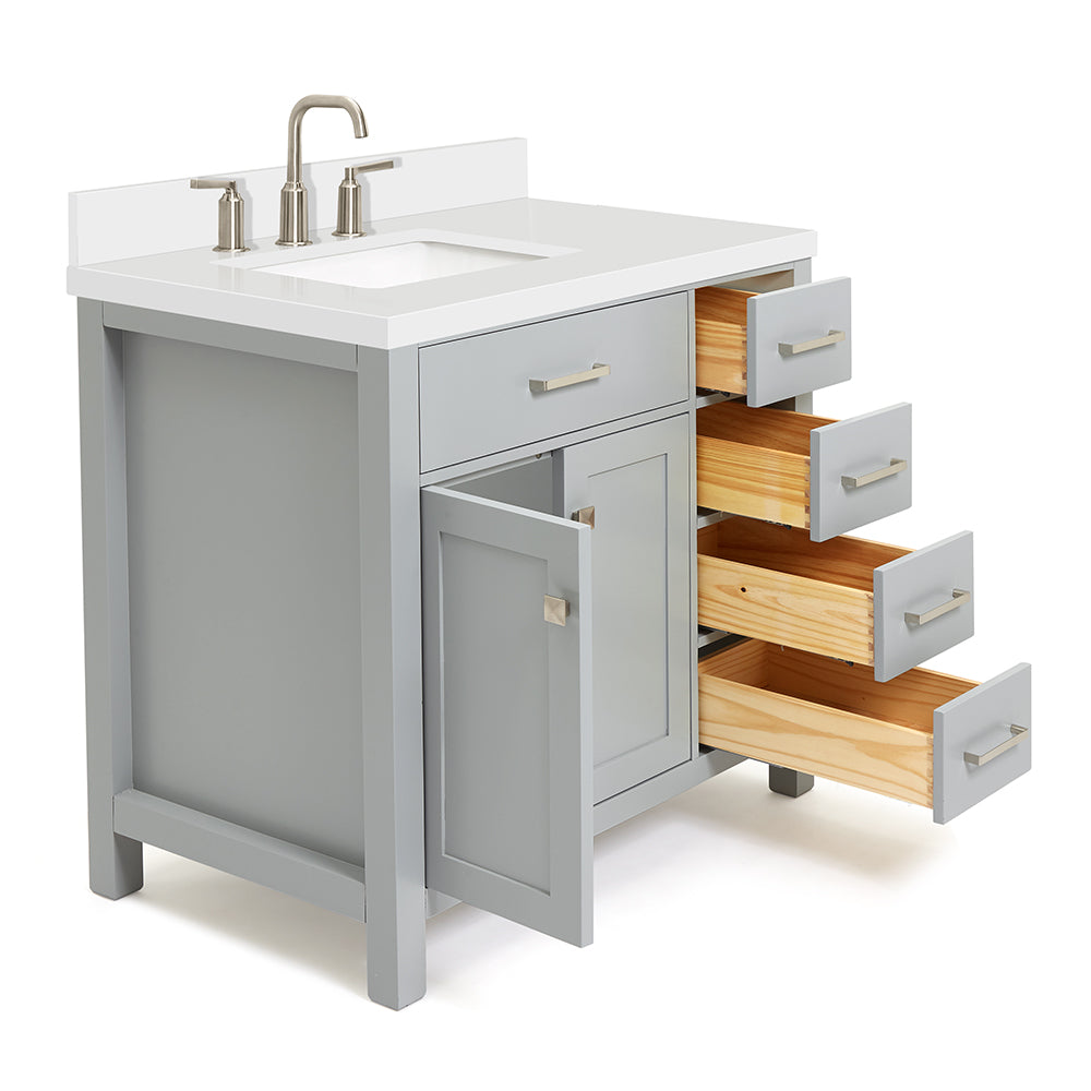 Alenza 36-inch Grey bathroom vanity on white back ground side view open door