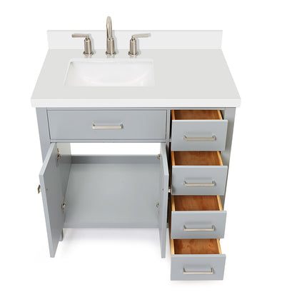 Alenza 36-inch Grey bathroom vanity on white back ground front view open door
