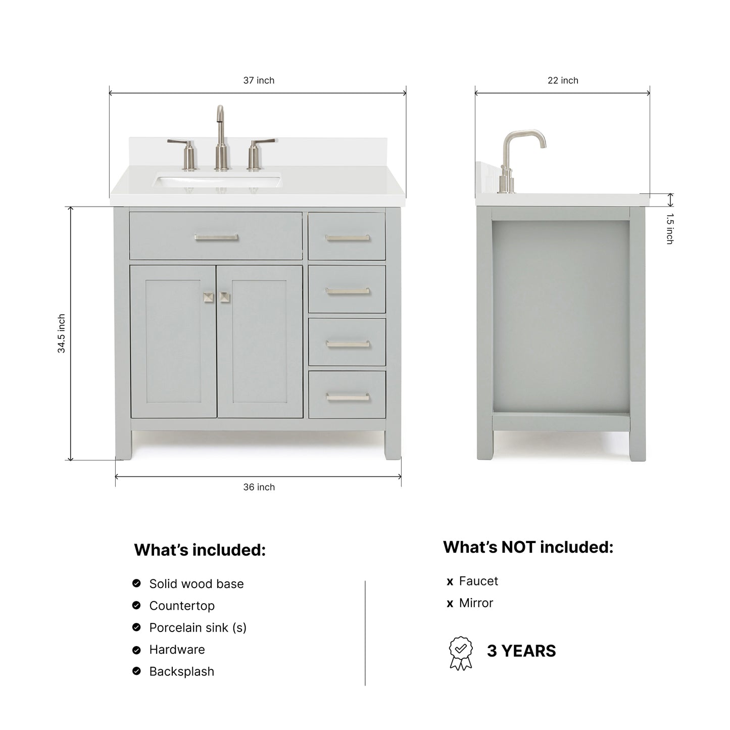 Alenza 36-inch Grey bathroom vanity on dimensions