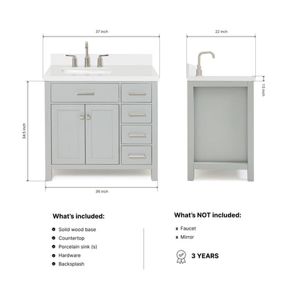 Alenza 36-inch Grey bathroom vanity on dimensions