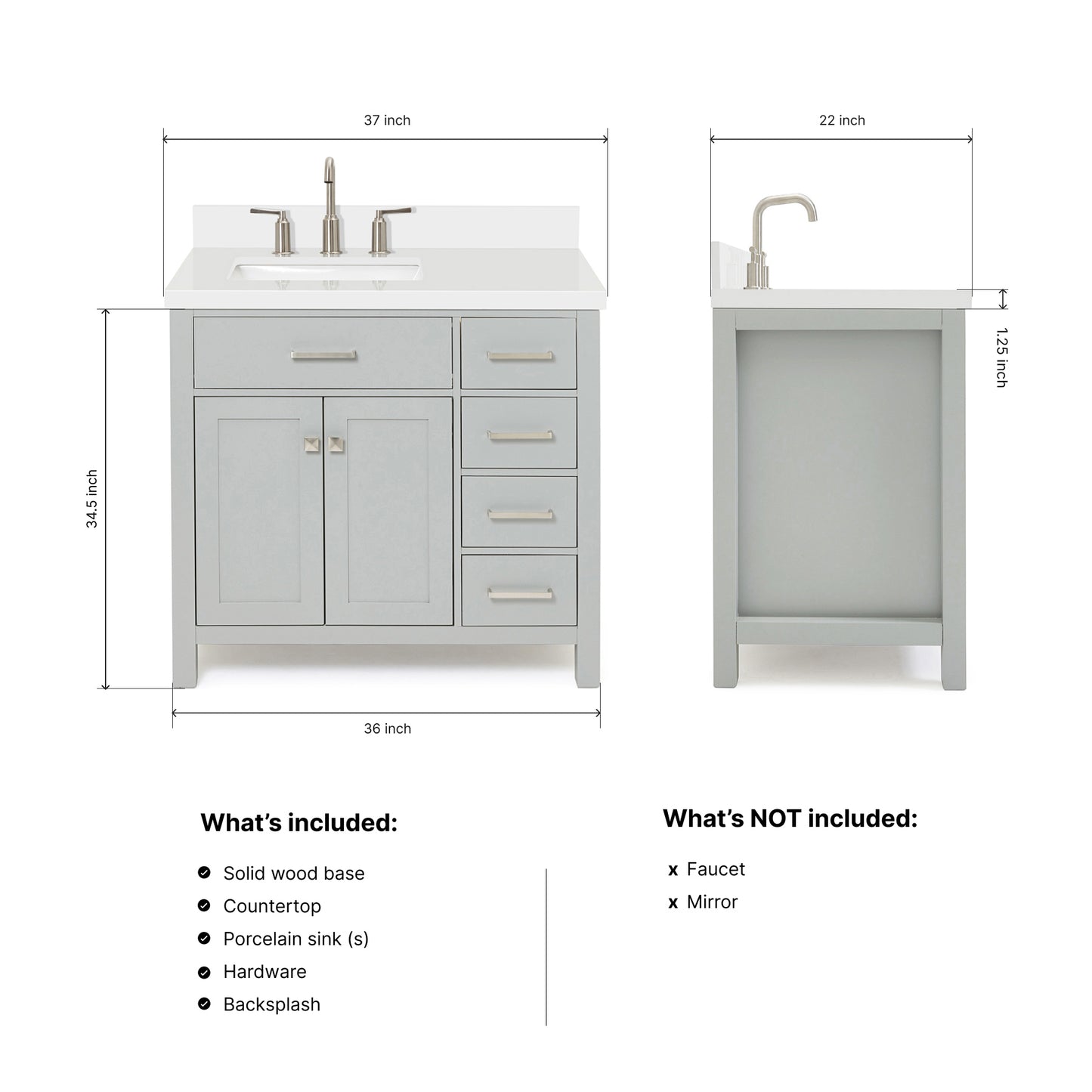 Alenza 36-inch Grey bathroom vanity on dimensions