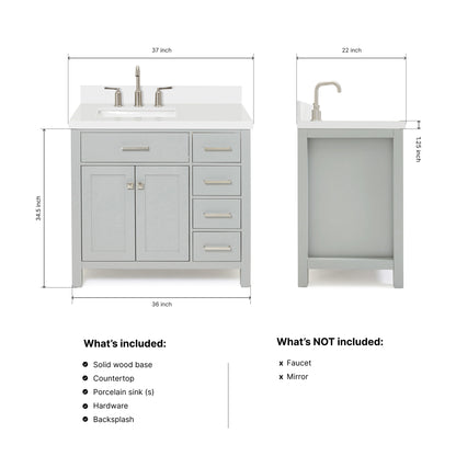 Alenza 36-inch Grey bathroom vanity on dimensions