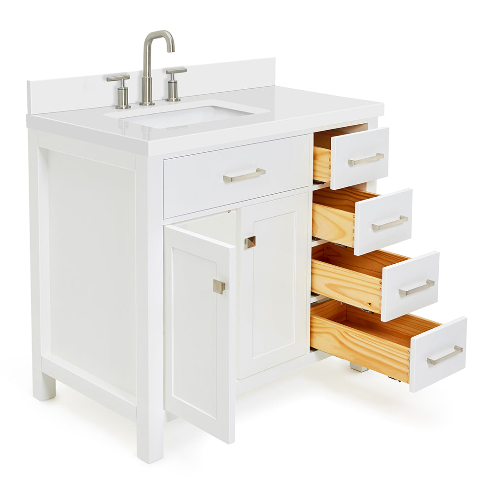 Alenza 36-inch White bathroom vanity on white back ground side view open door