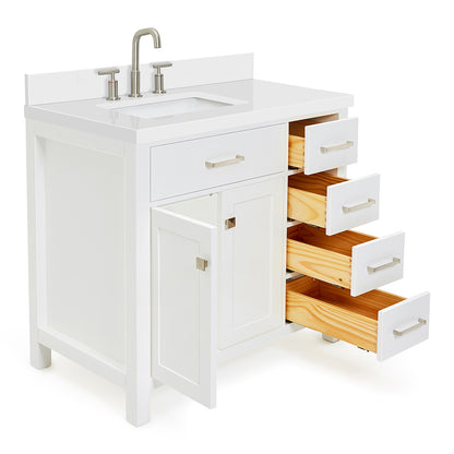 Alenza 36-inch White bathroom vanity on white back ground side view open door
