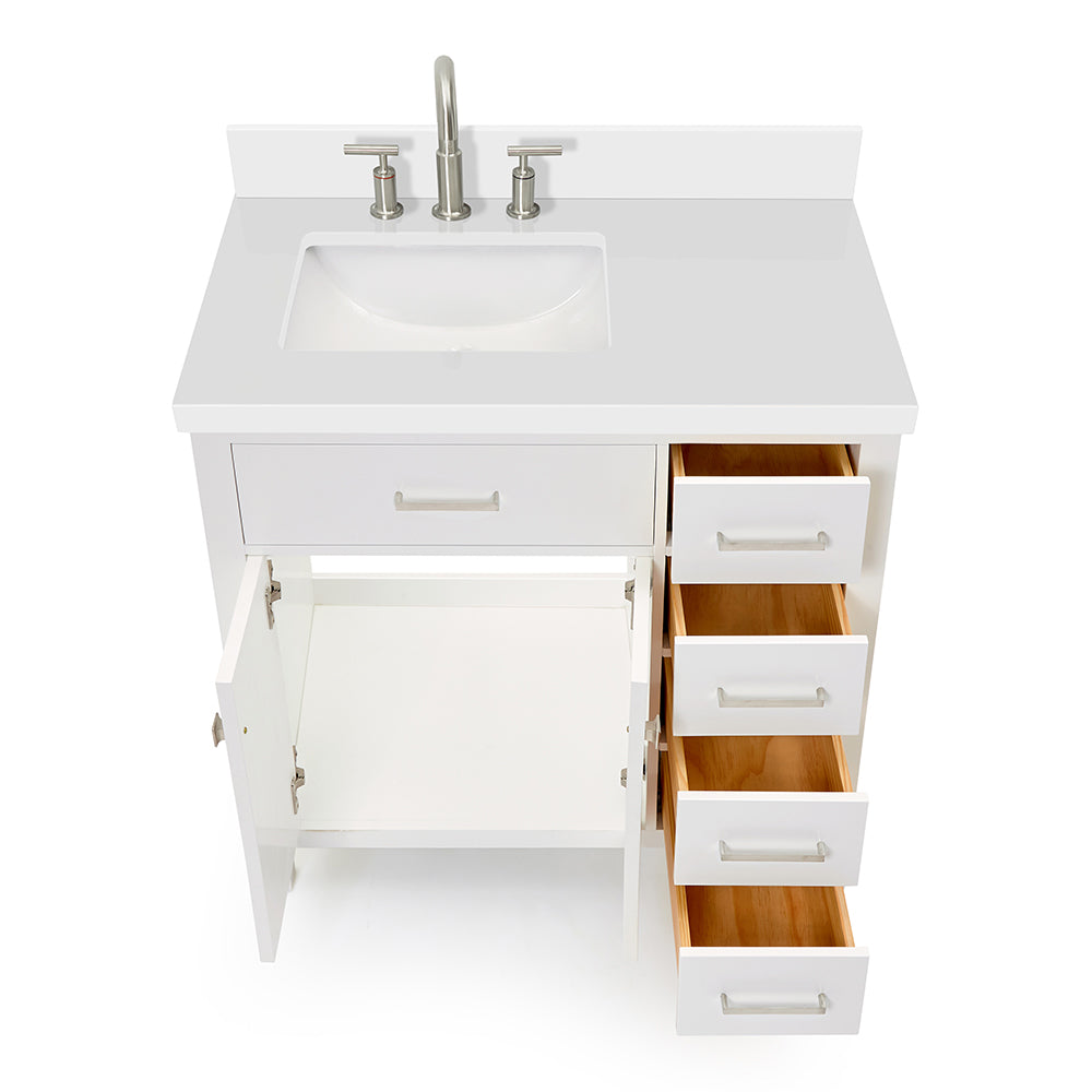 Alenza 36-inch White bathroom vanity on white back ground front view open door