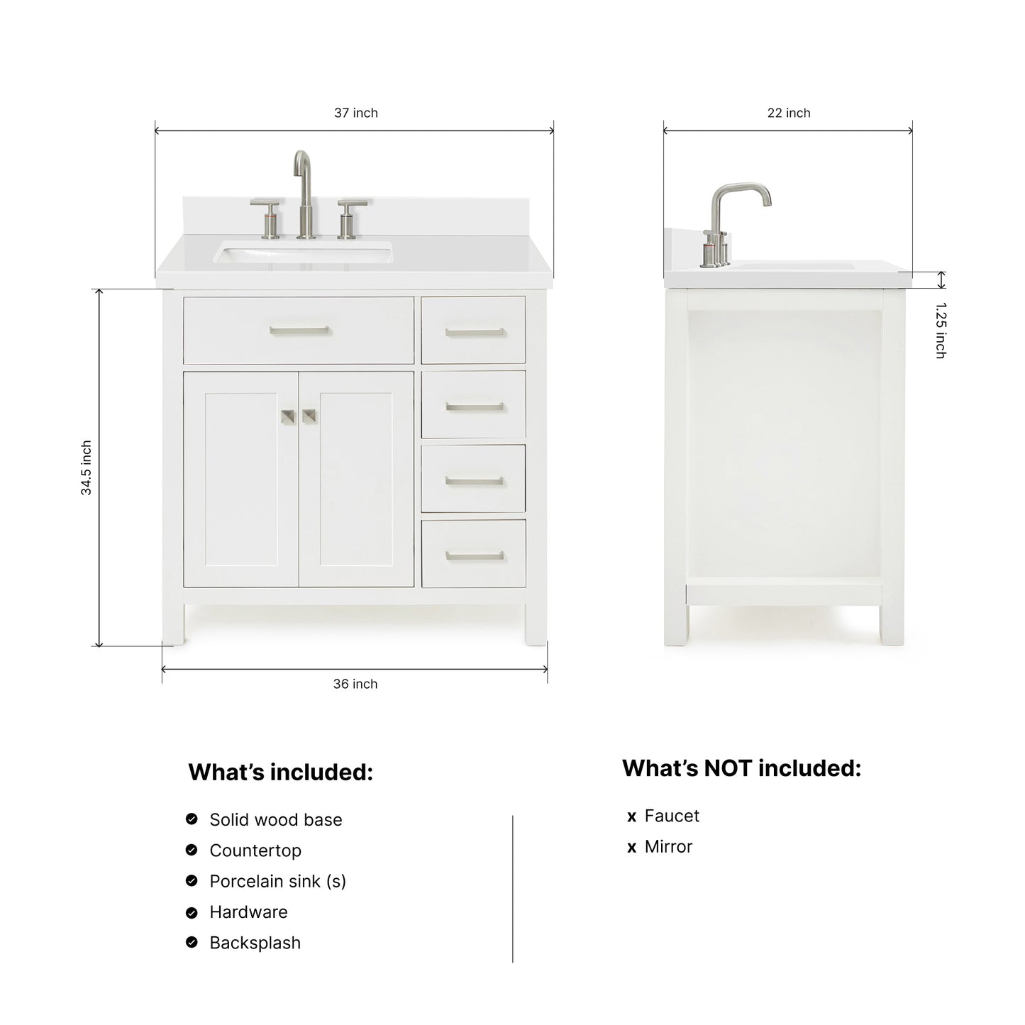 Alenza 36-inch White bathroom vanity on dimensions