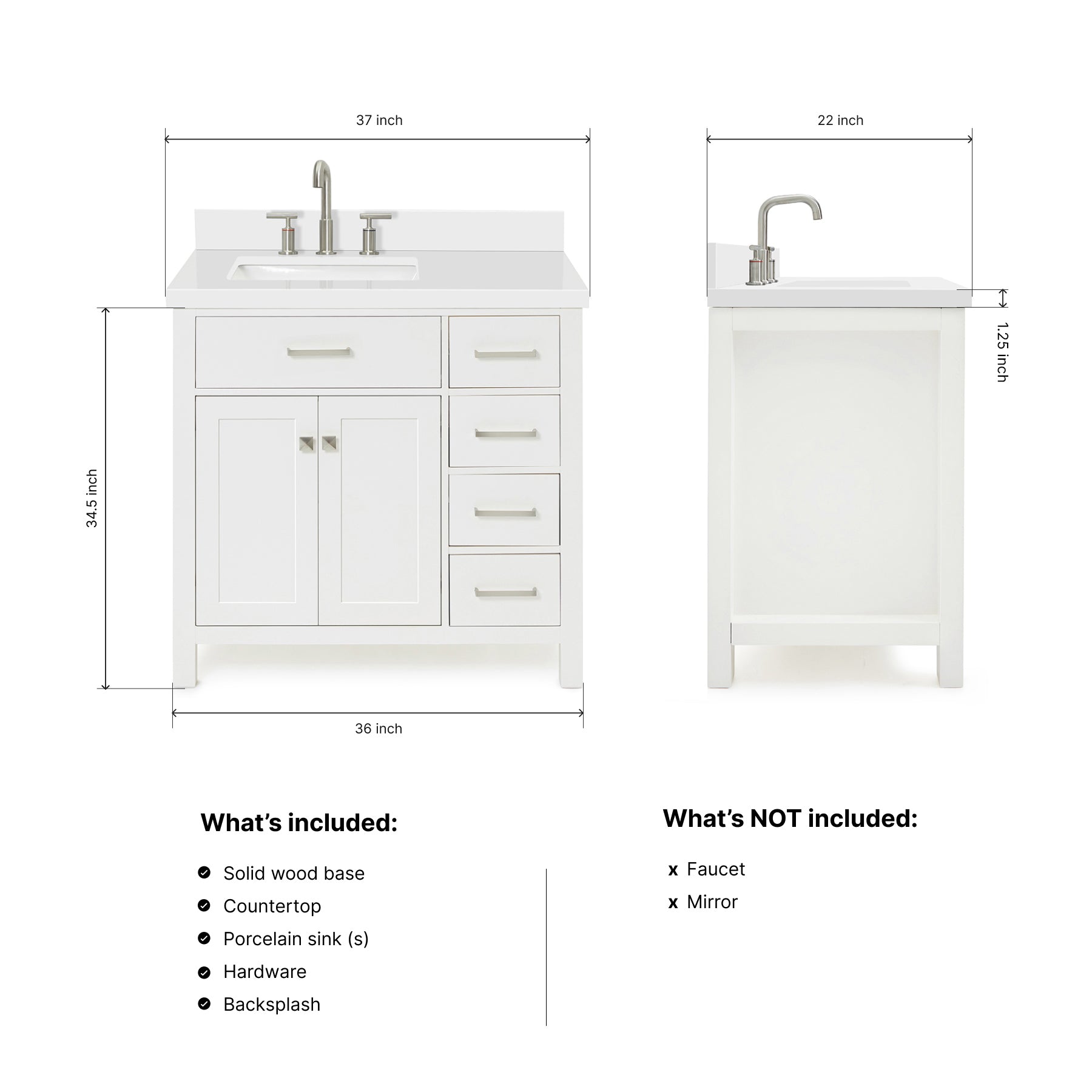 Alenza 36-inch White bathroom vanity on dimensions