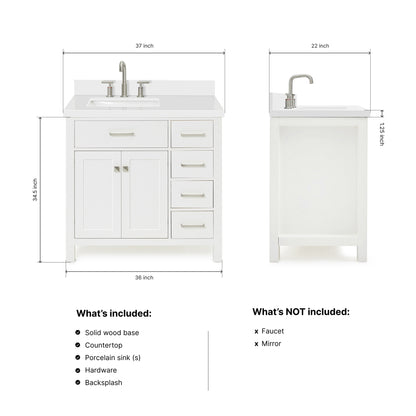 Alenza 36-inch White bathroom vanity on dimensions