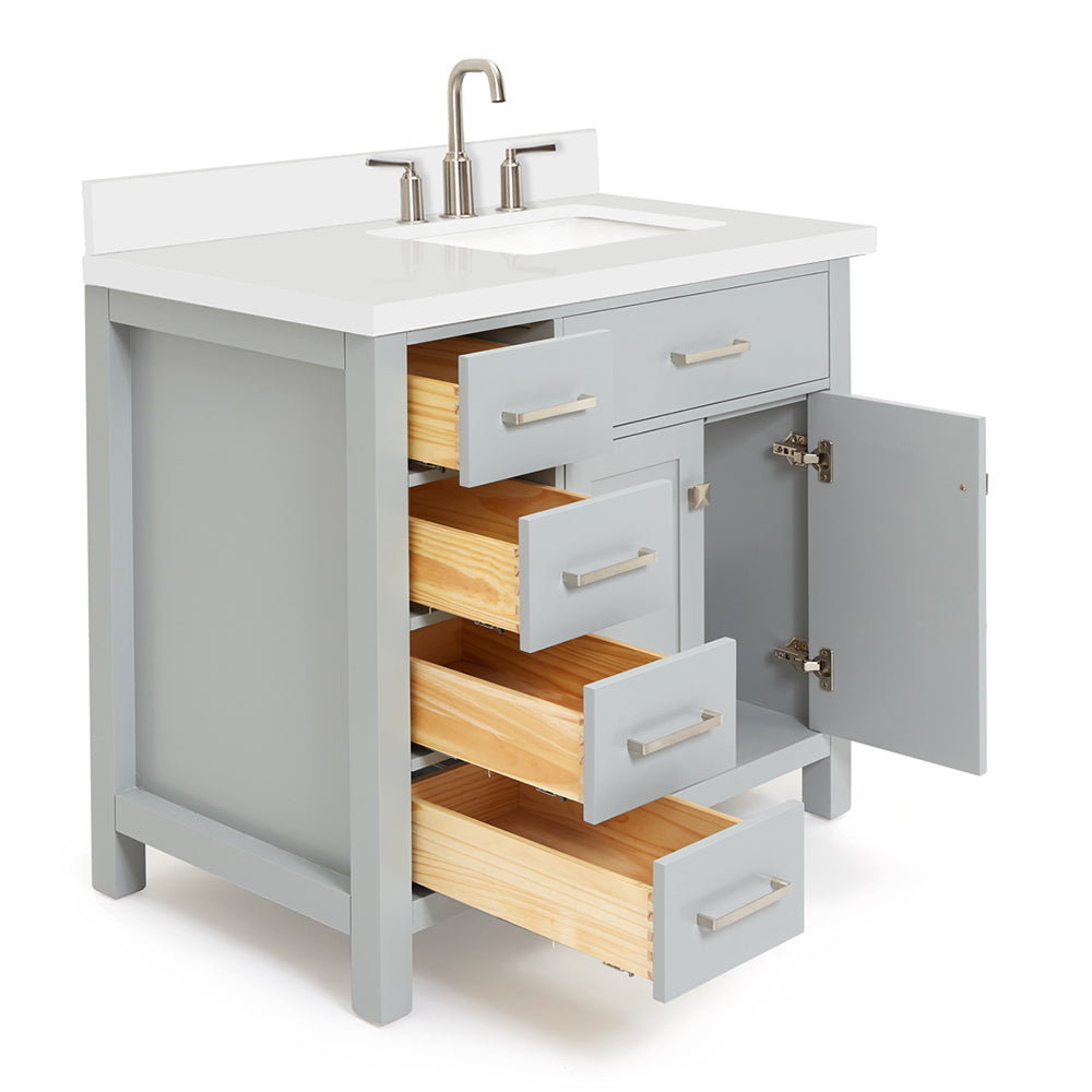 Alenza 36-inch Grey bathroom vanity on white back ground side view open door