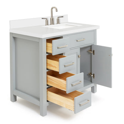 Alenza 36-inch Grey bathroom vanity on white back ground side view open door