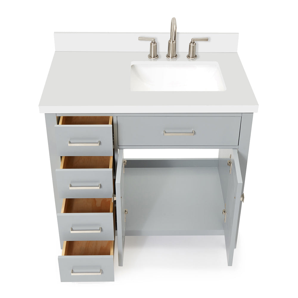 Alenza 36-inch Grey bathroom vanity on white back ground front view open door
