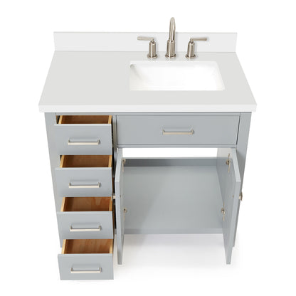 Alenza 36-inch Grey bathroom vanity on white back ground front view open door