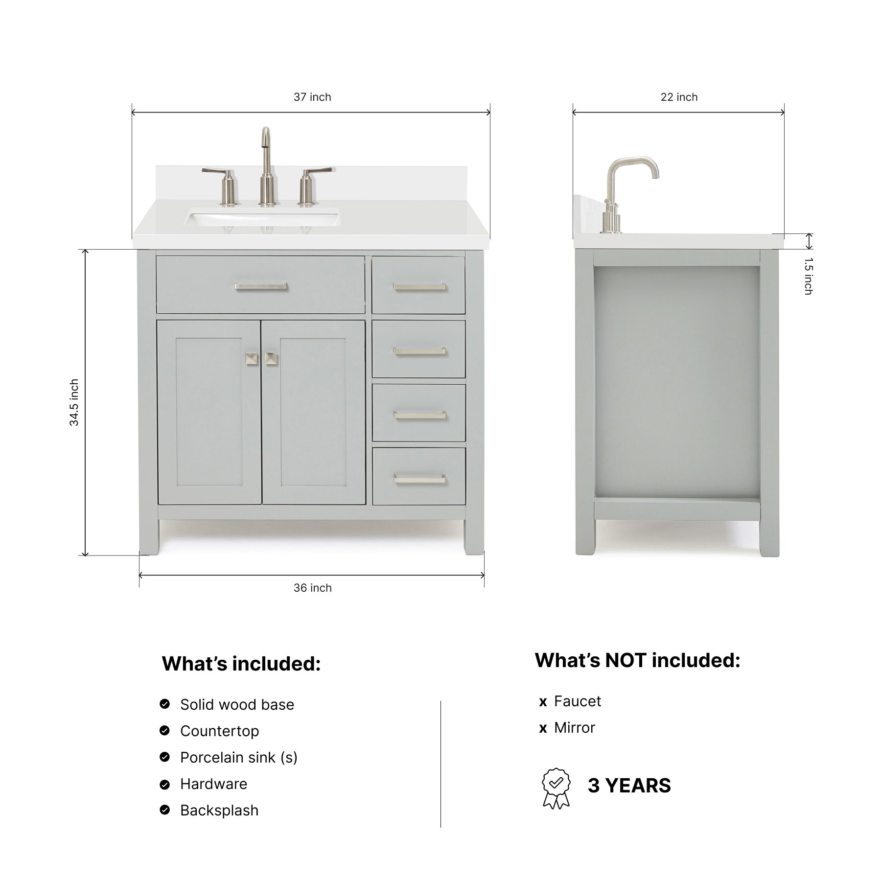 Alenza 36-inch Grey bathroom vanity on dimensions