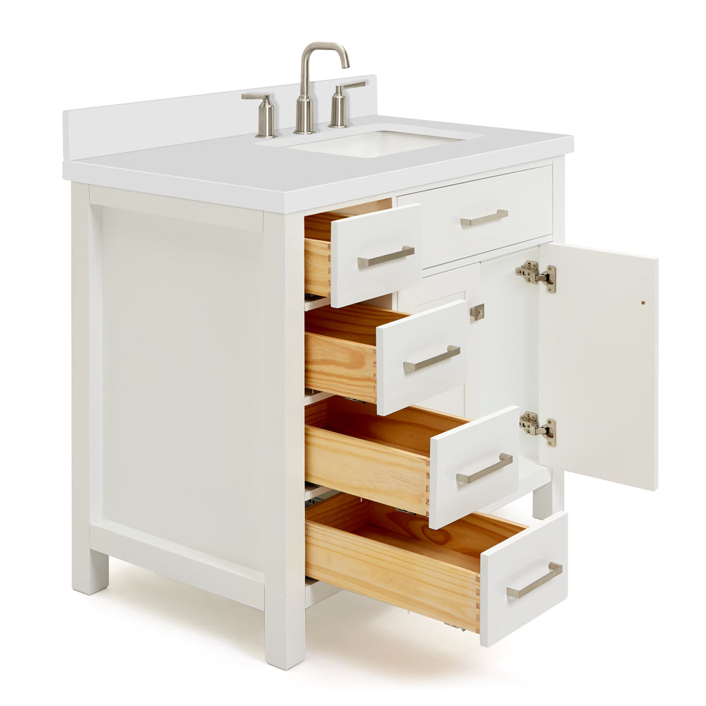 Alenza 36-inch White bathroom vanity on white back ground side view open door