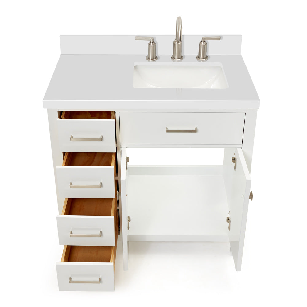 Alenza 36-inch White bathroom vanity on white back ground front view open door
