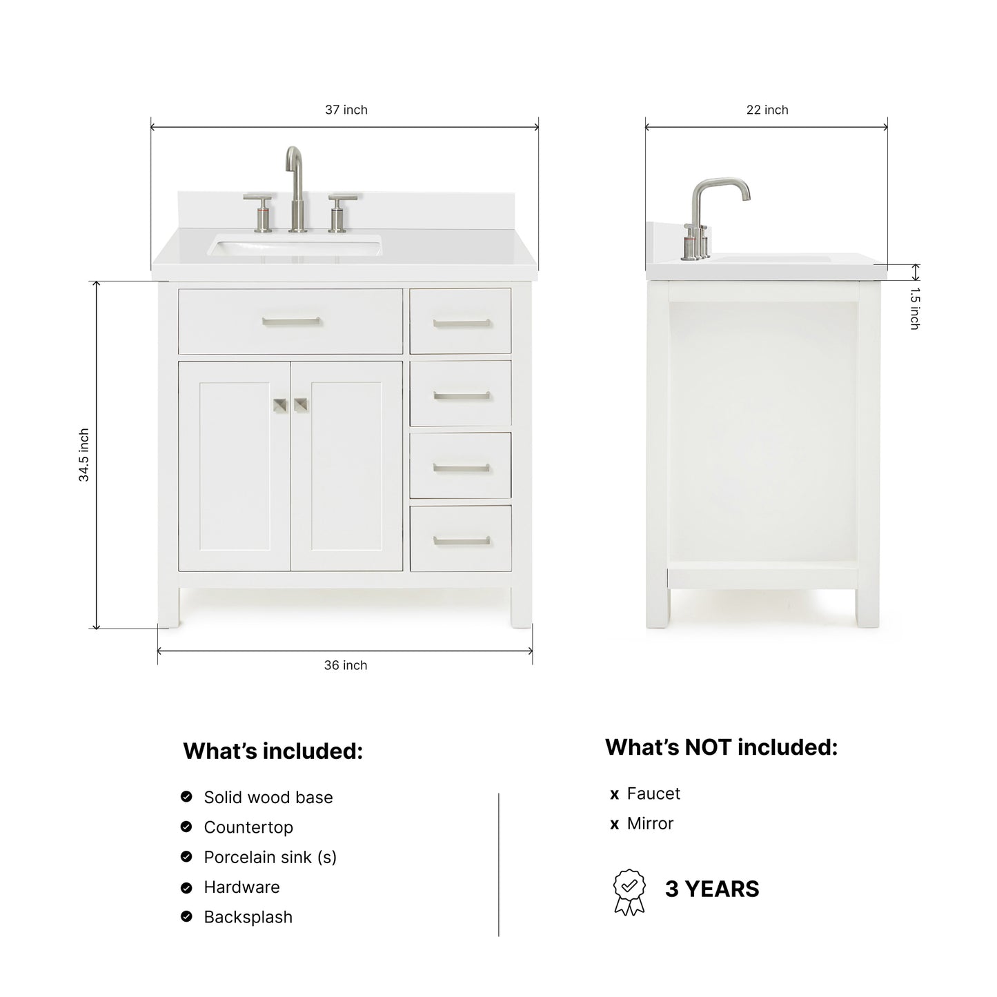 Alenza 36-inch White bathroom vanity on dimensions