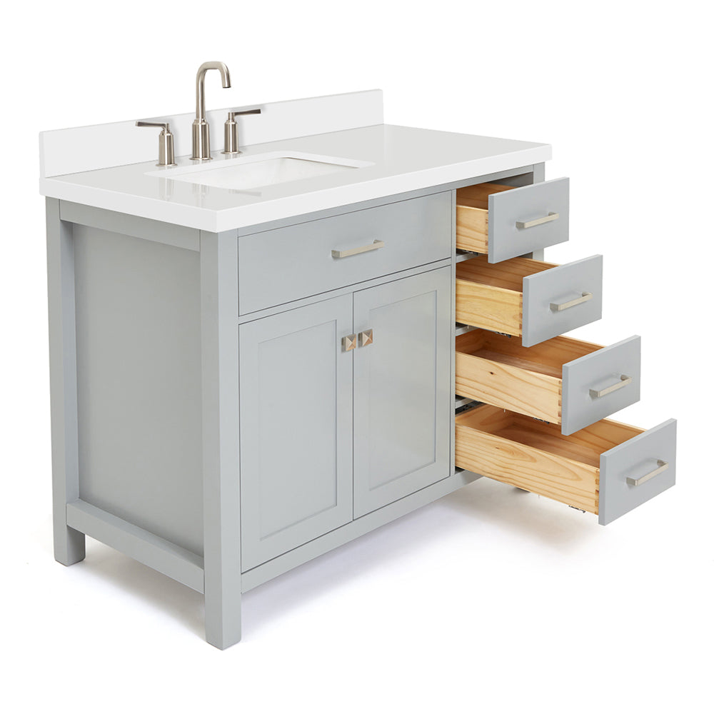 Alenza 42-inch Grey bathroom vanity on white back ground side view open door