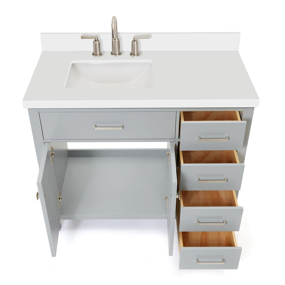 Alenza 42-inch Grey bathroom vanity on white back ground front view open door