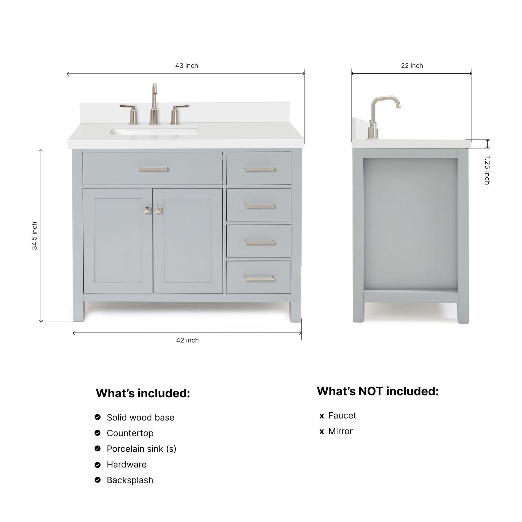 Alenza 42-inch Grey bathroom vanity on dimensions