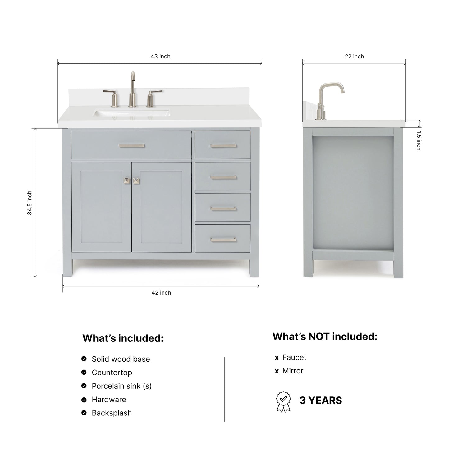 Alenza 42-inch Grey bathroom vanity on dimensions