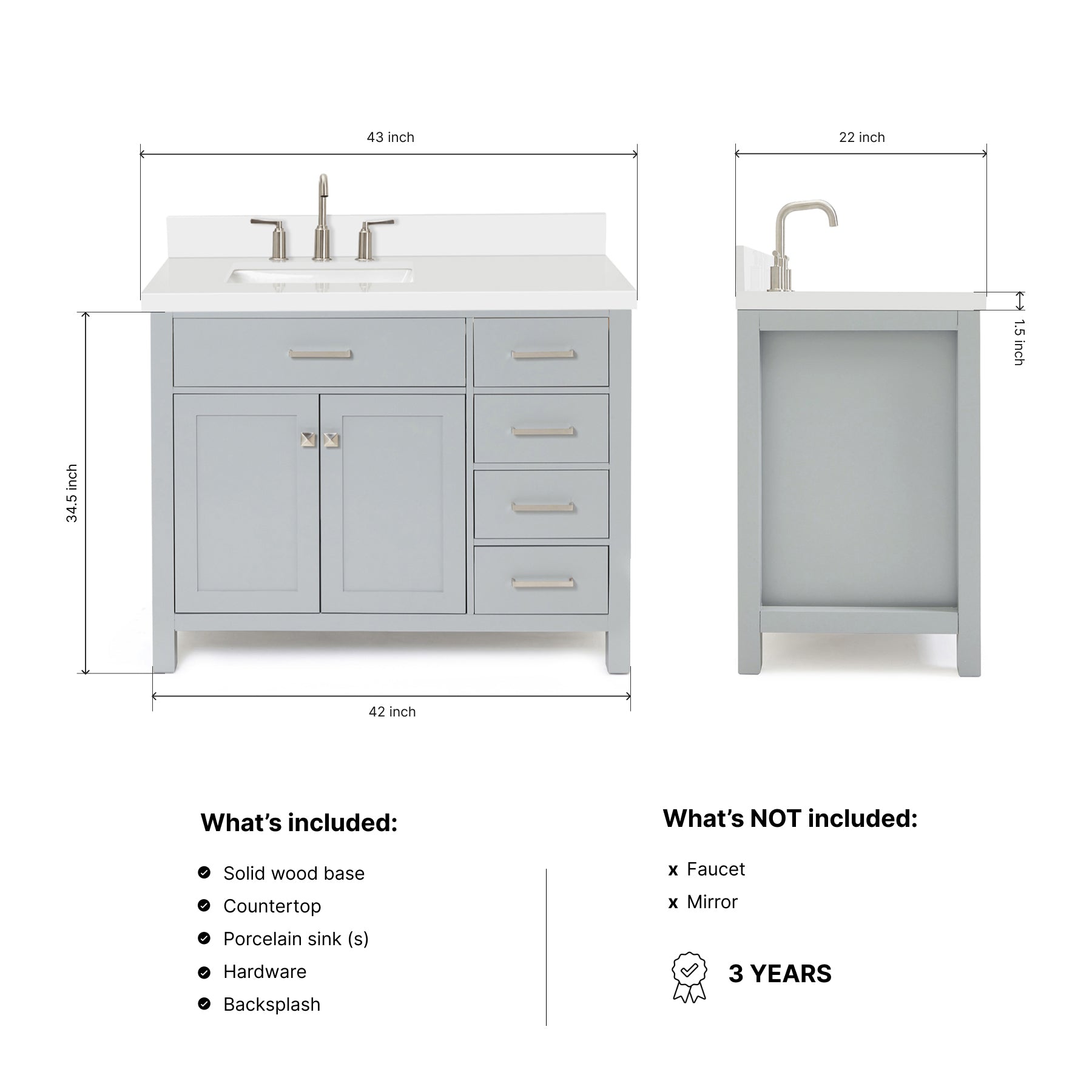 Alenza 42-inch Grey bathroom vanity on dimensions
