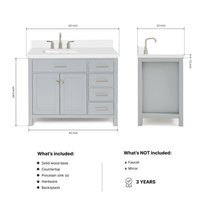 Alenza 42-inch Grey bathroom vanity on dimensions