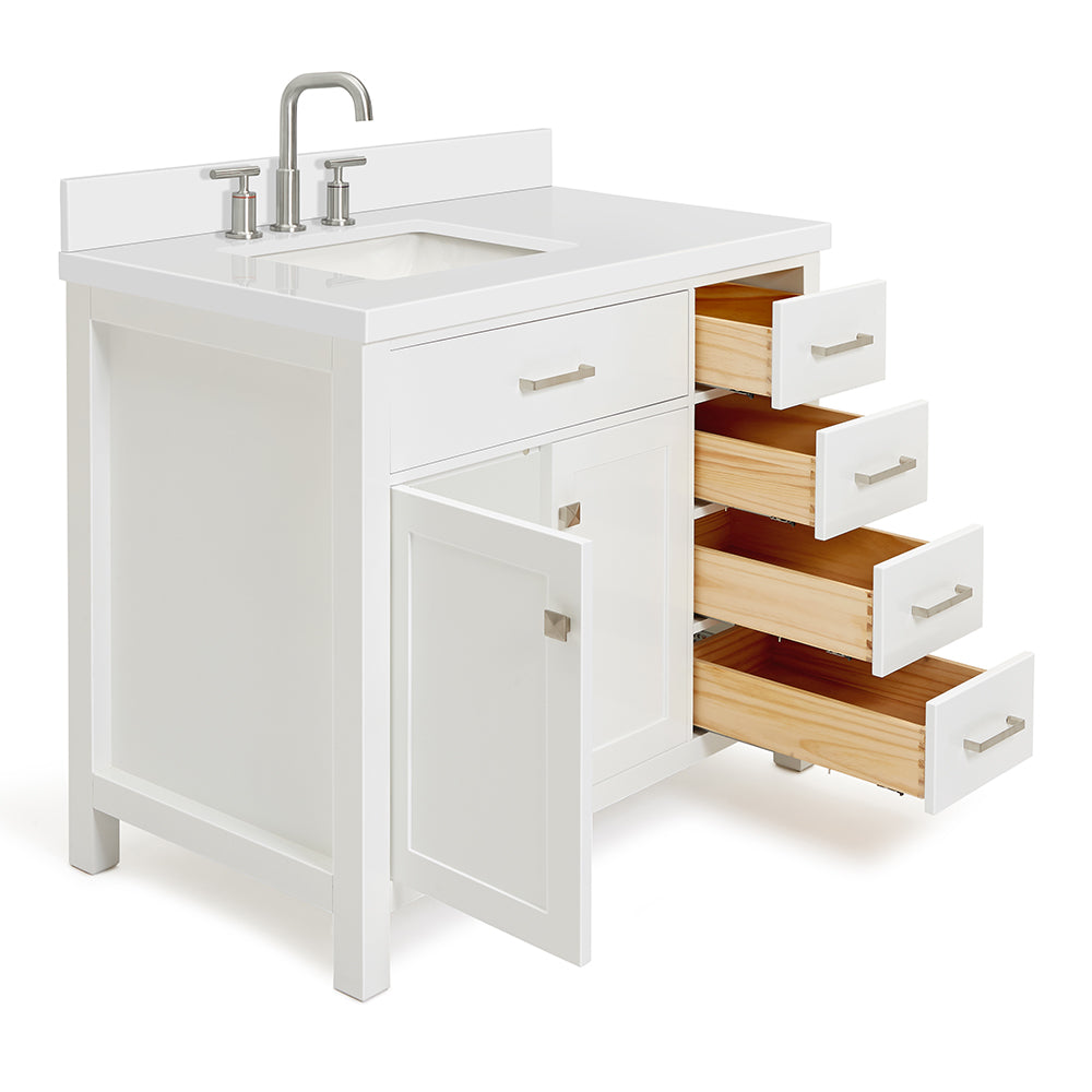 Alenza 42-inch White bathroom vanity on white back ground side view open door