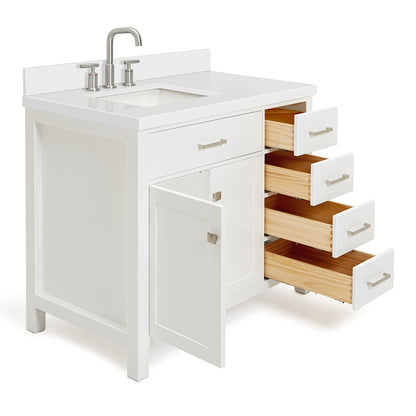 Alenza 42-inch White bathroom vanity on white back ground side view open door