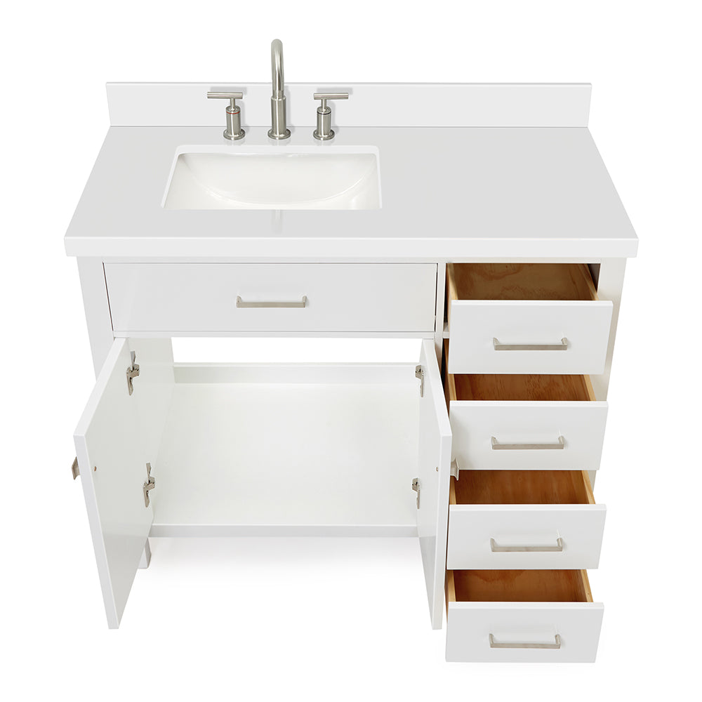 Alenza 42-inch White bathroom vanity on white back ground front view open door
